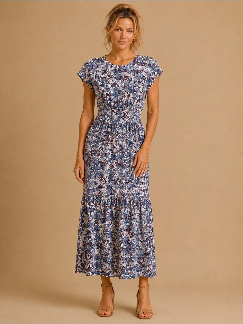 Nation Ltd. Boho Ditzy Floral 100% Pima Cotton Smocked Waist Maxi Dress Size XS